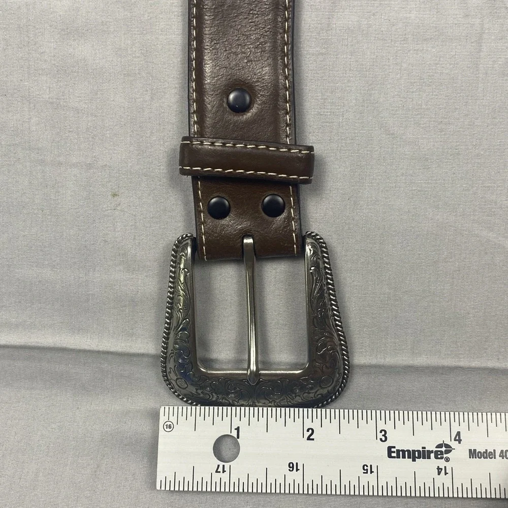Western Tooled Genuine Leather Belt Men's Brown Engraved Buckle Cowboy 38 - 40 - Picture 14 of 15